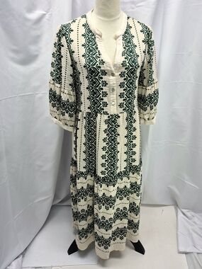 Fig + Flower Green Ivory Boho Tiered Maxi Dress Medium Cottagecore Cotton Flowy